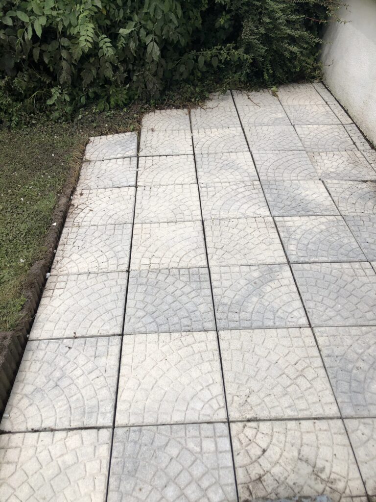 Verwitterter Gartenweg mit Moos, Algen und Umweltschmutz